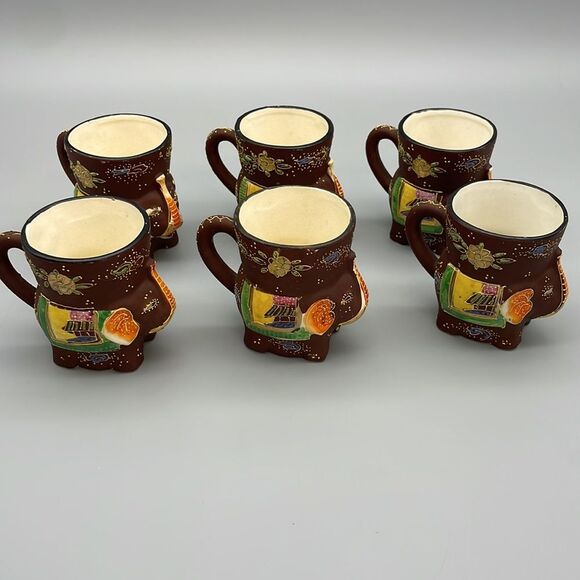 1920s Japanese Satsuma 6 Elephant Tea Cups Hand Painted Porcelain Figurine - Picture 8 of 15